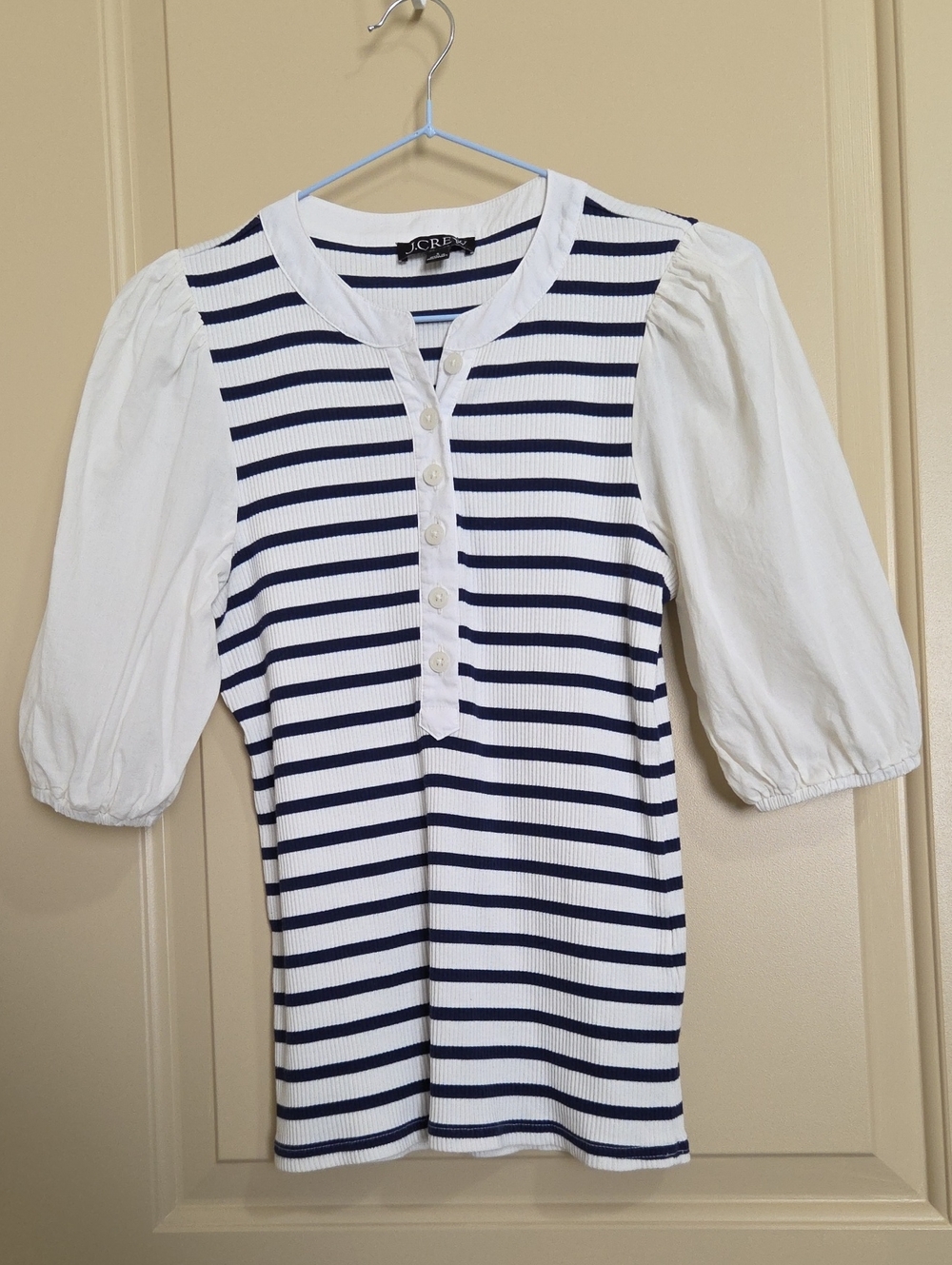 J.Crew Striped Puff-Sleeve Button Henley Top in Navy and White